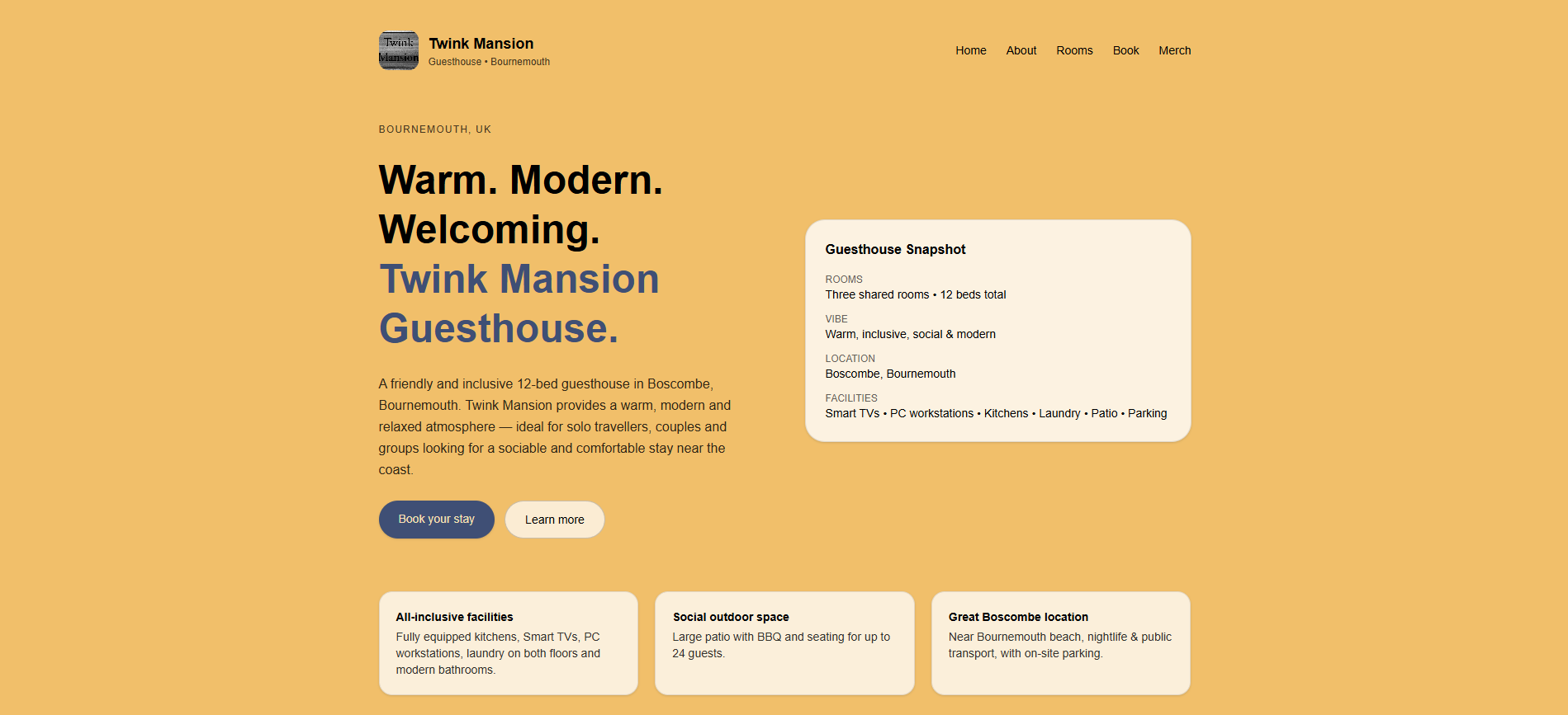 Twink Mansion booking platform homepage